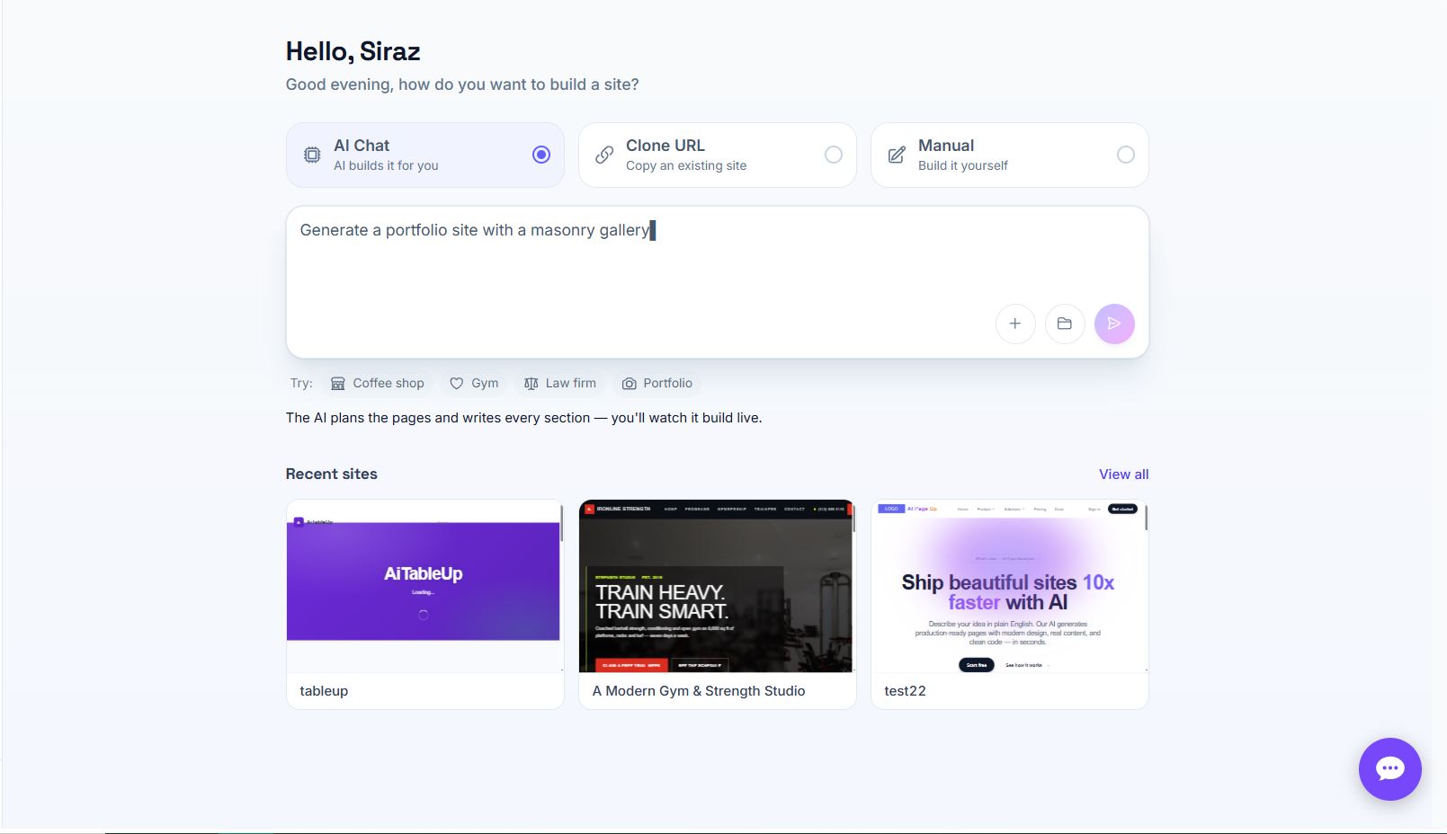 Prompt panel in AI Page Up generating a full website outline